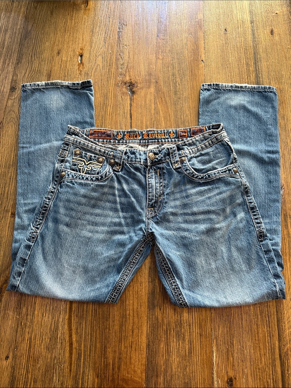 Rock Revival Alex Straight Men’s Light Blue Straight Jeans with Emblem Pocket